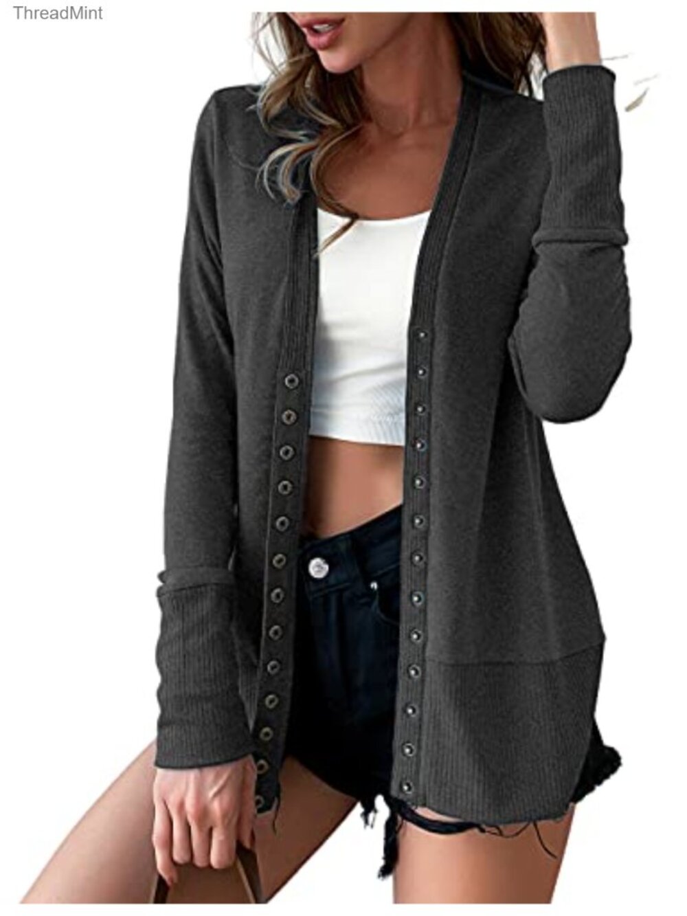 Women's Lightweight Snap Front V-Neck Knit Cardigan Sweater Long Sleeve